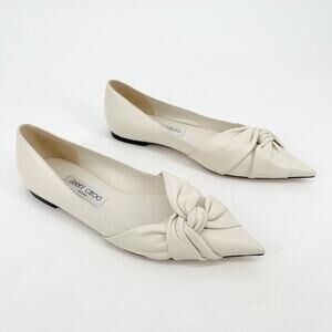 Jimmy Choo Hedera Off White Leather Knot Detail Pointed Toe Flats IT 39.5 EU